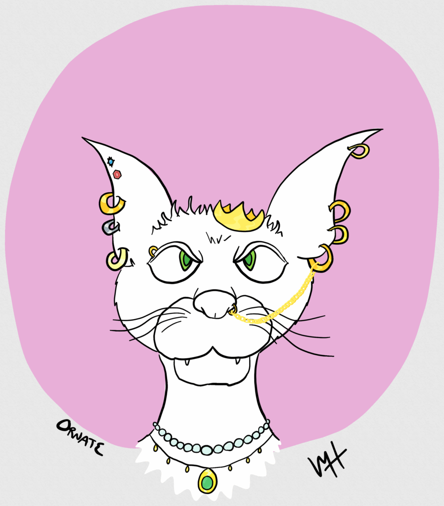 Inktober day 17 prompt: ornate A drawing of a cat looking directly at us covered in Gold hoop piercings and gems.