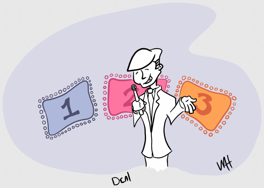 Inktober day 18 prompt: deal A drawing loosely based on Monte Hall, famed game show host, in front of 3 doors labeled 1,2, and 3