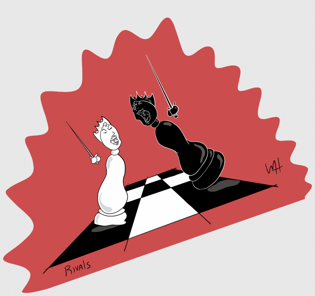 Inktober day 20 prompt: Rivals A drawing of the black queen and the white queen leaping towards eachother in battle