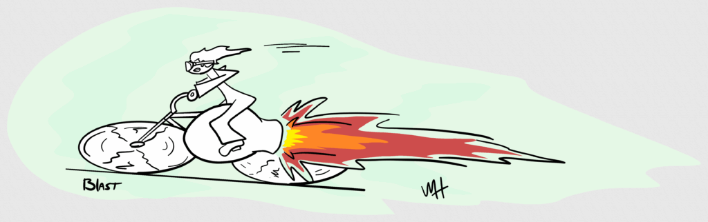 Inktober day 21 prompt: blast A drawing of a girl on a bike but the bike is mostly a rocket engine.