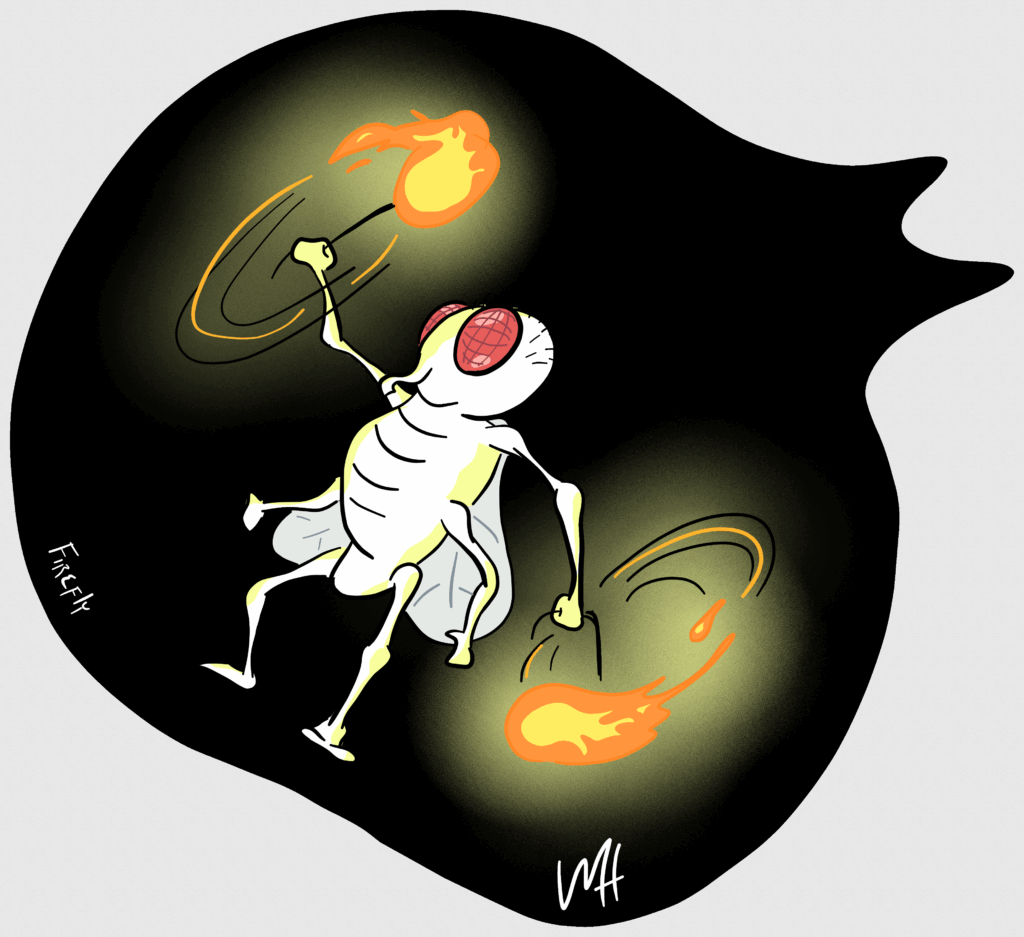 Inktober day 23 prompt: firefly A drawing of a fly spinning poi. Poi on fire of course.