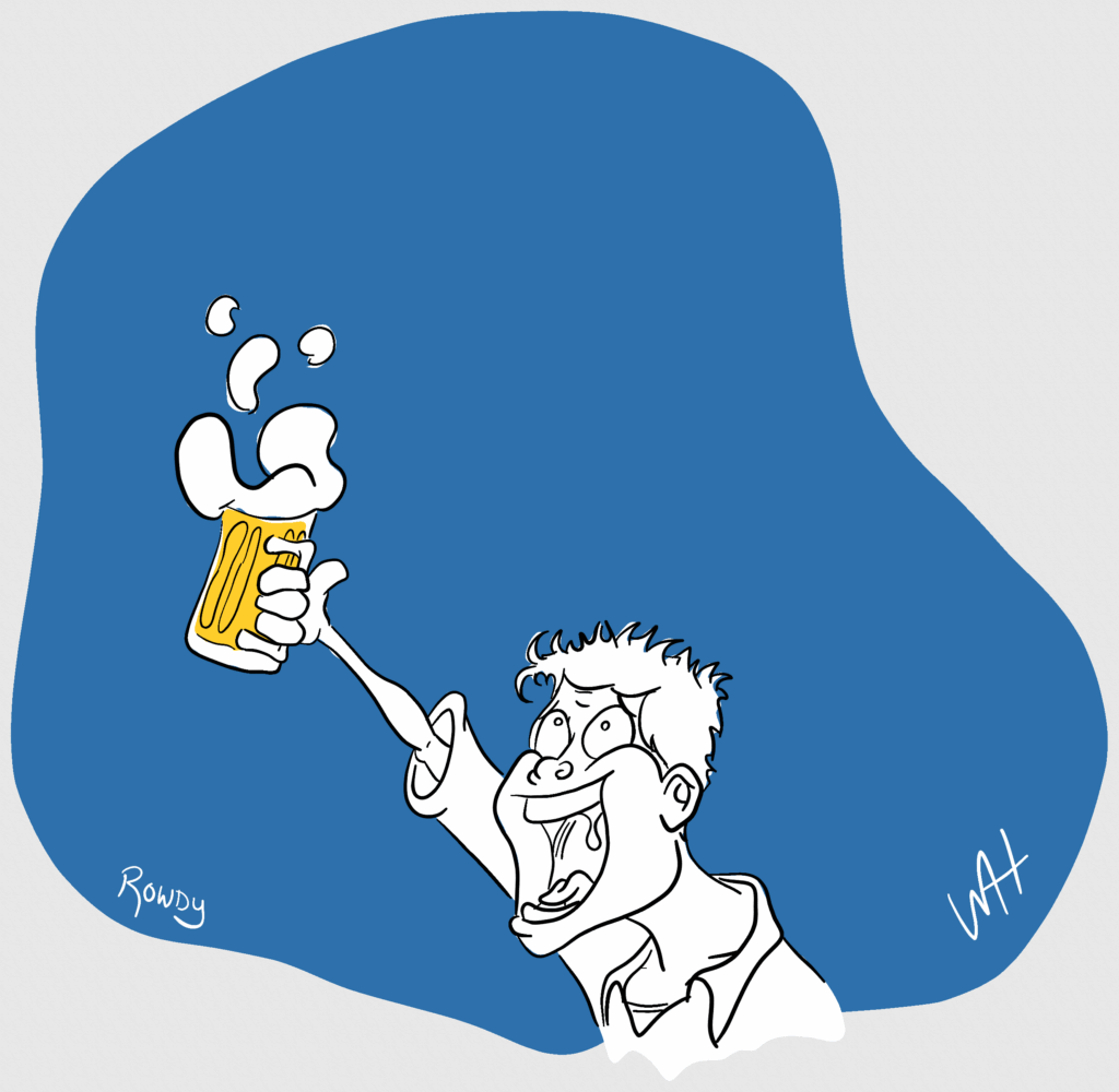Inktober day 24 prompt: rowdy A drawing of a guy thrusting his mug of beer into the air...a crazed look on his face.