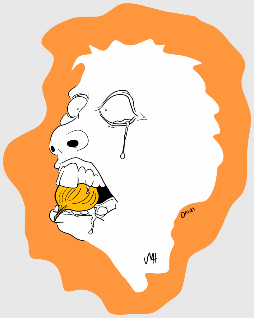 Inktober day 27 prompt: onion A drawing of a person biting into a whole onion. Naturally their eyes are watering and they appear concerned.