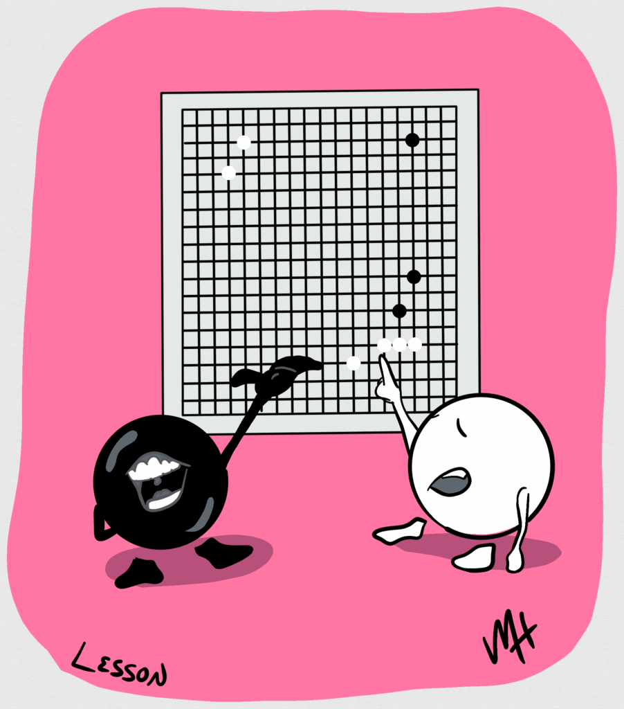 Inktober day 29 prompt: lesson
A drawing of two sentient Go stones explaining the game on a Goban hung behind them.