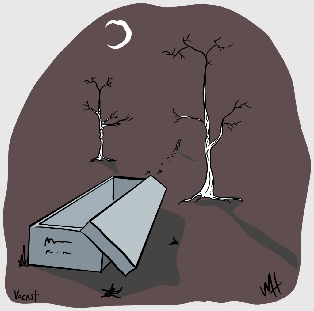 Inktober day 30 prompt: vacant
A drawing of an old cement sarcophagus, lid off, footprints leading away, something in the distance.