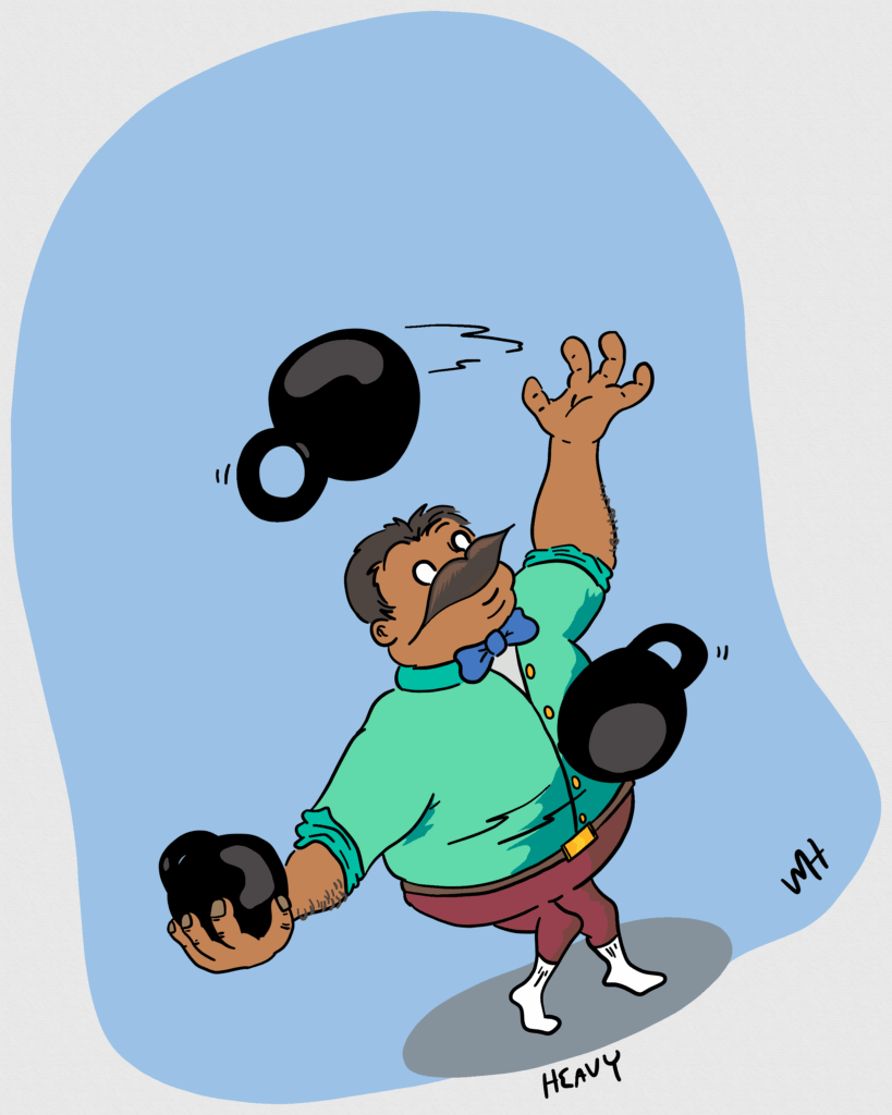 Inktober day 9 prompt: heavy A drawing of a moustached man juggling kettle bells.
