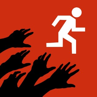Logo for Zombies Run! depicting a stick figure running from out stretched zombie hands.