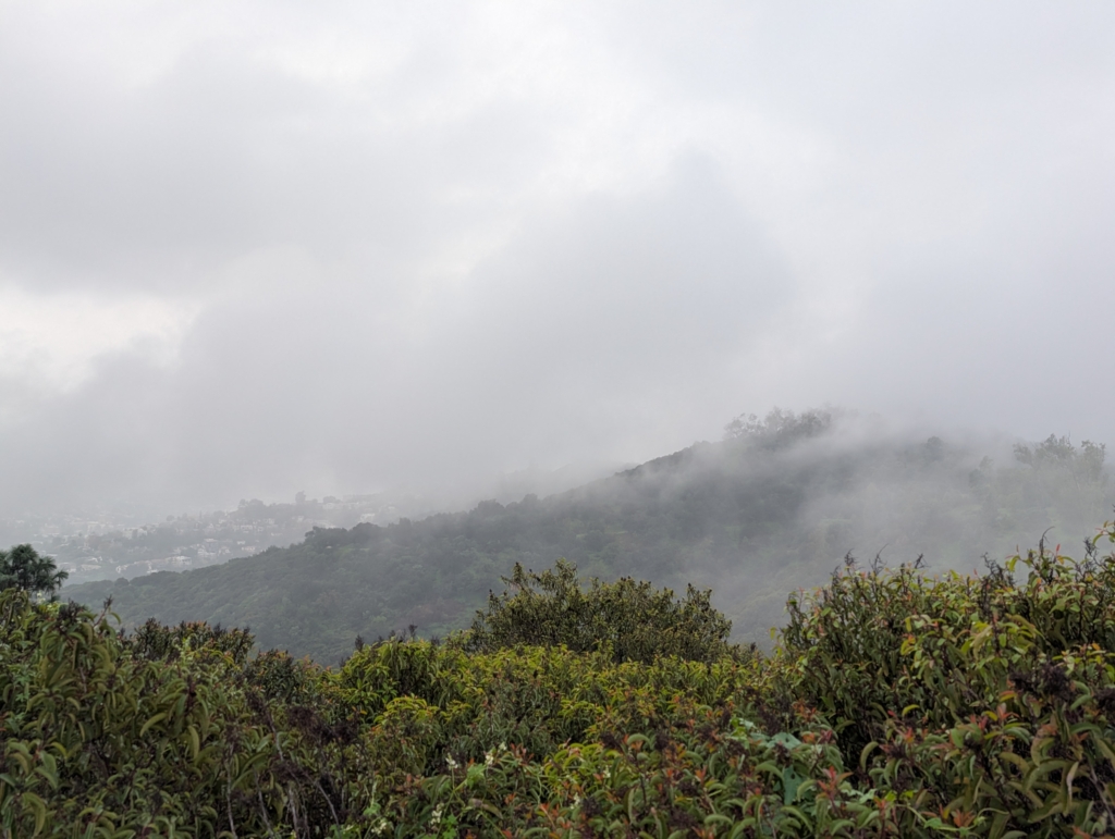 A photo of a rainy hillside and low clouds touching the hills