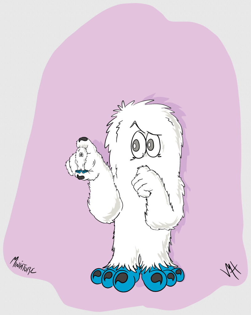 Inktober day 3 prompt: miniature A drawing of a furry white monster type holding a much smaller version of itself in its hand.