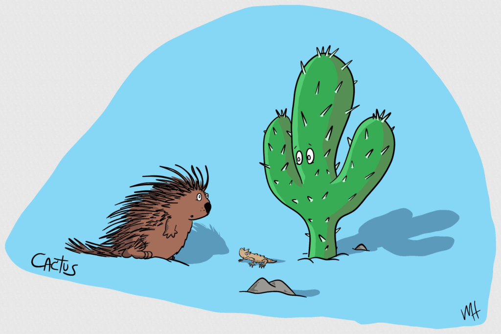 Inktober day 4 prompt: cactus A drawing of a cactus surprised to see a porcupine who is also surprised. Between them is a horny road who is also surprised at the whole thing.
