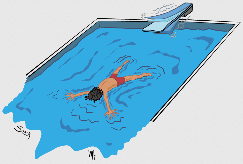 Inktober Day5 prompt: Smack A drawing of an unfortunate soul in red swim trunks who has just belly flopped onto the surface of a pool. They have not yet begun to sink but the pain has begun to set in.