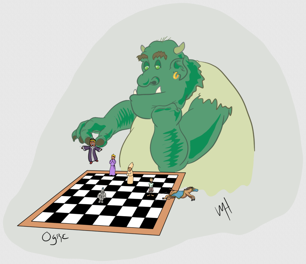 Inktober day 06 prompt: ogre A drawing of an ogre contemplating its next move in a game of chess with tiny people.