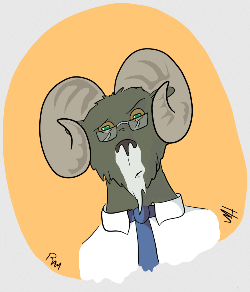 Inktober Day 09 prompt: Ram A drawing of a bust of ram wearing a shirt and tie and some reading glasses.