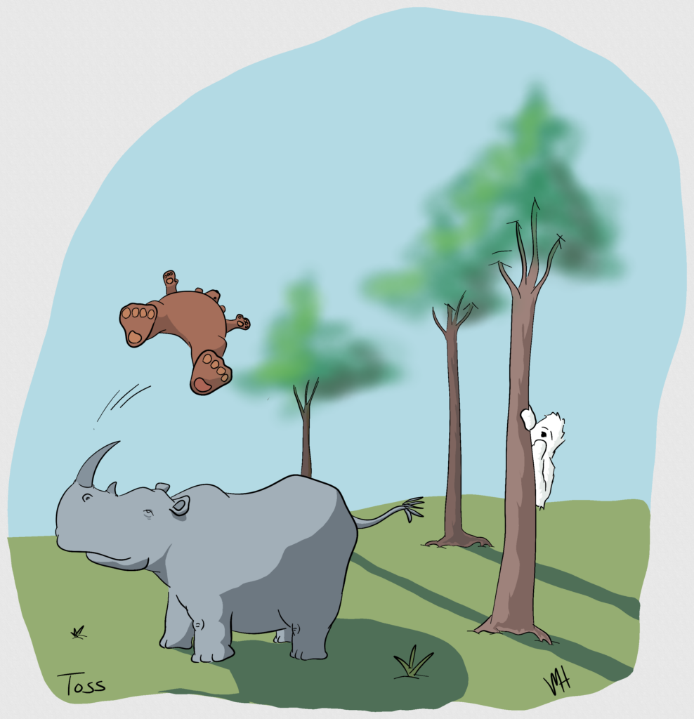 Inktober day 12: toss A drawing of a rhinoceros tossing a bear into the air. Yeti watches from behind a tree.