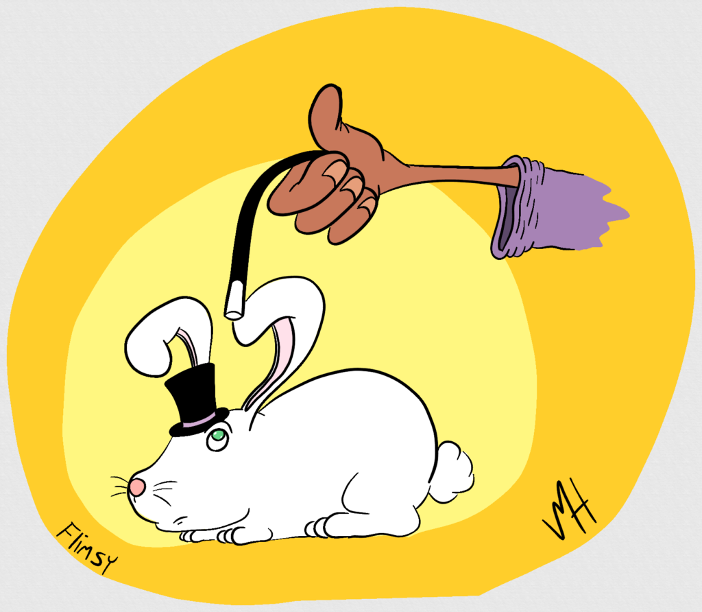 Inktober day 13: flimsy A drawing of a magician attempting a trick but their wand has gone flimsy. A rabbit in a tiny top hat looks on unimpressed.