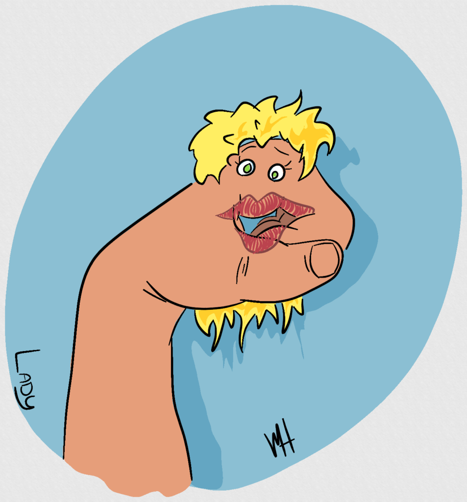 Inktober Day 14: Lady A drawing of a hand in puppet pose with a drawn on lips and eyes and a not so pretty blonde wig.