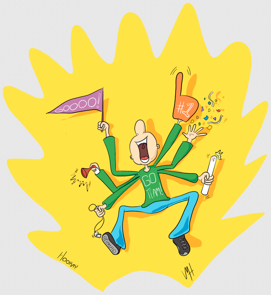 Inktober day 15 prompt: Hooray A drawing of an overexcited sports fan who can decide on which way to celebrate his team so he appears to have 6 arms all with a celebratory item in each hand.