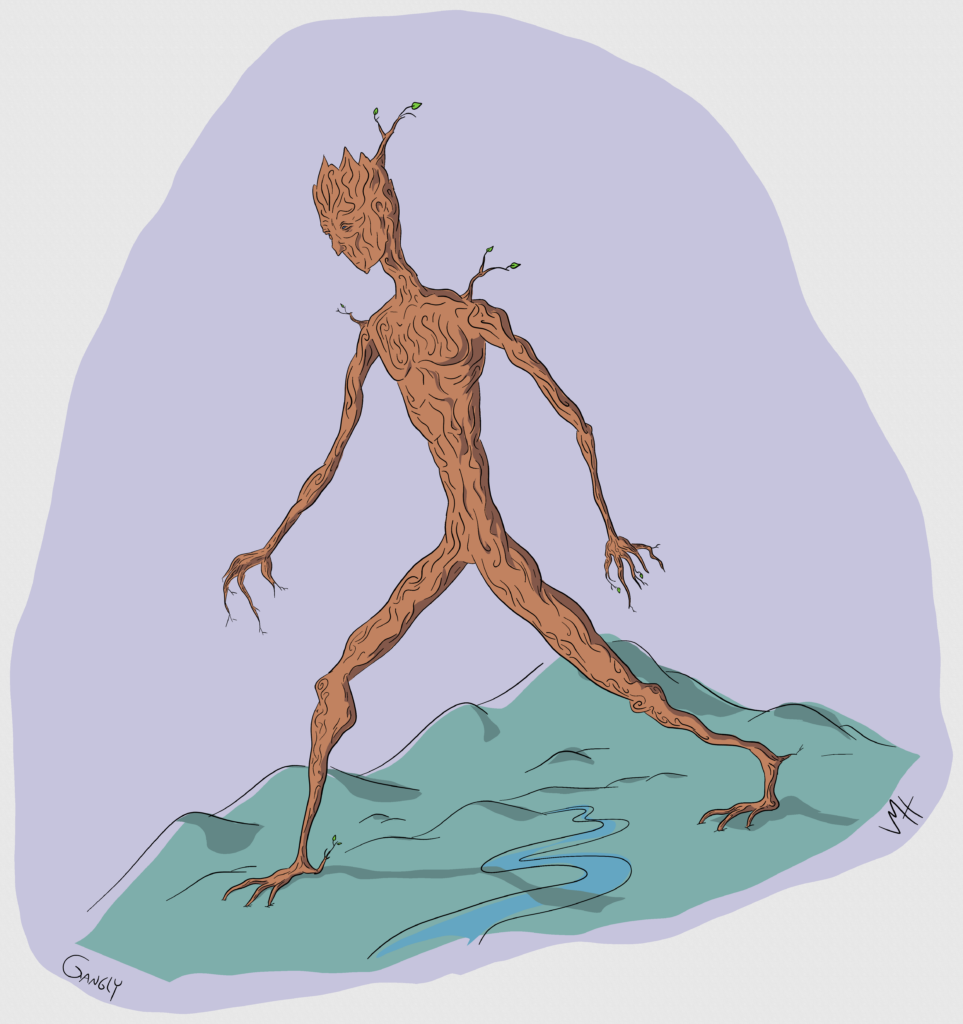 Inktober Day 16 Prompt: Gangly A drawing of a giant, maybe a tree, but it's walking, and stepping over some mountains. Whatever it is it's gangly.