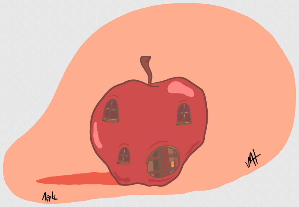 Inktober 2026 day 1 prompt: apple A drawing of an apple made into a house. You can just make out the shadow of a worm in the upstairs window.